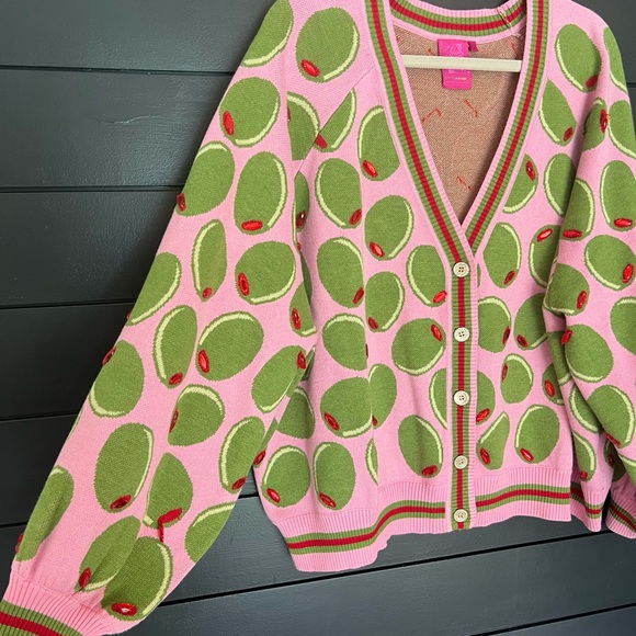 QUEEN OF SPARKLES Pink and Green Olive Cardigan Sweater V-Neck - Picture 4 of 6